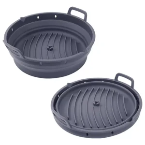 Kerek, összecsukható szilikon Air Fryer forma fogantyúkkal – 22 × 19 × 6 cm – élelmiszeripari minőség – fekete