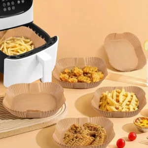 50 darabos négyzet alakú Air Fryer sütőpapír – 16 / 20 cm, barna, tapadásmentes, eldobható