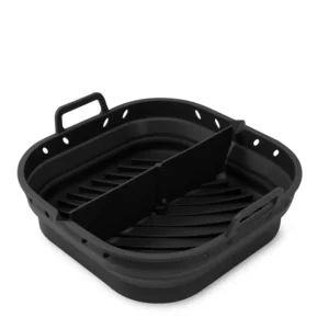 Összecsukható, téglalap alakú szilikon air fryer forma fogantyúkkal – 22 × 23 cm – élelmiszeripari minőség – fekete