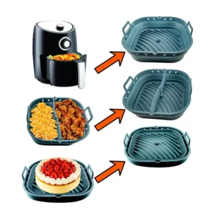 Összecsukható, téglalap alakú szilikon air fryer forma fogantyúkkal – 22 × 23 cm – élelmiszeripari minőség – fekete