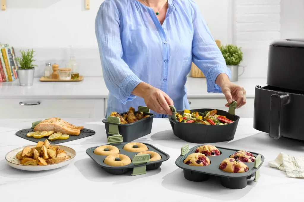 Lékué Air Fryer sütőkosár fogantyúkkal 5L-6,5L forrólevegős sütőbe, 25.3x8.5x25.3cm, szilikon, sötétszürke - Image 3