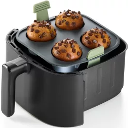 Lékué Air Fryer 4db-os muffin sütőforma 5L+ Air Fryer forrólevegős sütőbe, 20×6.1×19.5cm, élelmiszeripari szilikon, sötétszürke test, zöld fogantyú