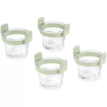 Lékué Mini 4db-os üveg sütőforma szett Air Fryerbe, 10.5×9.5×9.5 cm, zöld élelmiszeripari szilikon fogantyú